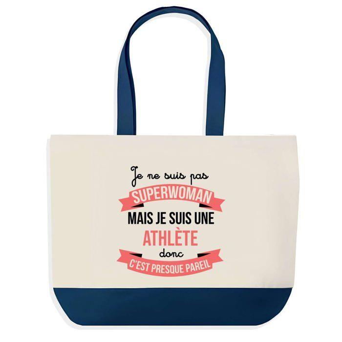 Sac shopping - PLANETEE - Athlète Superwoman - fond bleu - coton - 40 x 45 cm