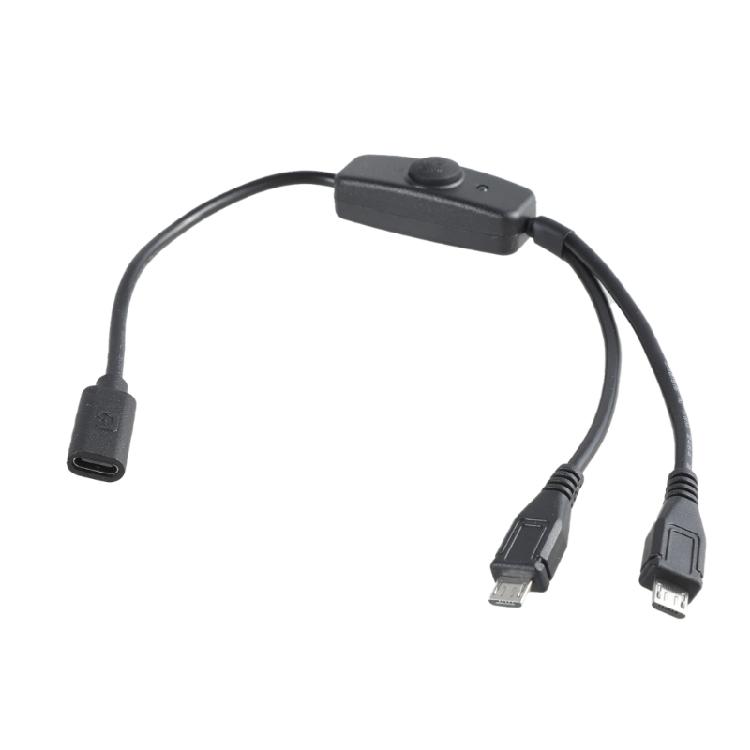 USB C To Two MicroUSB Male Power Cable with Power Switching for Charging Two Devices At Once 5VDC