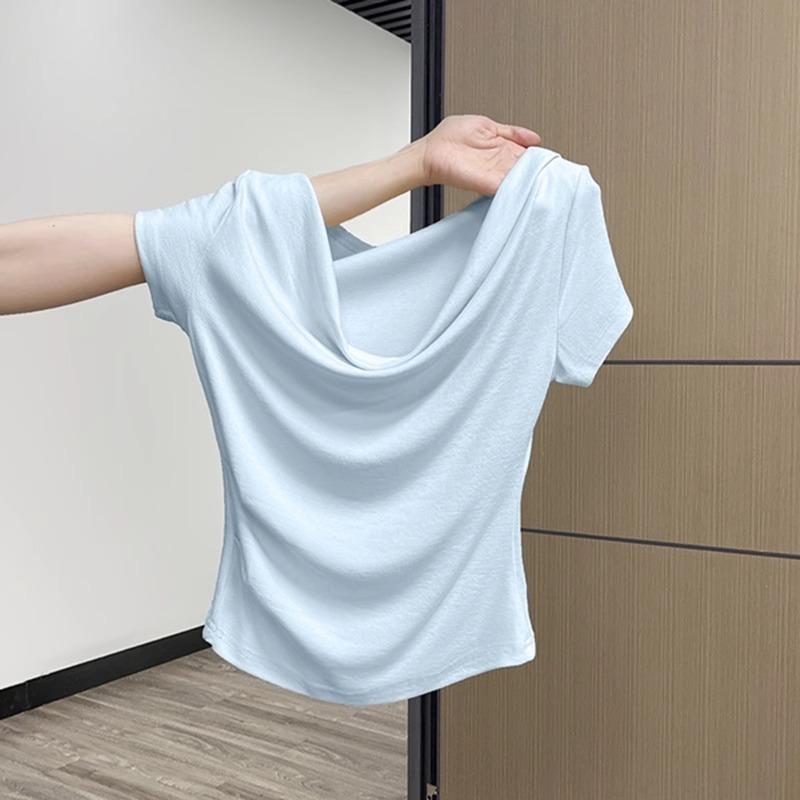

One-word shoulder swing collar exposed collarbone pure desire shoulder T-shirt women s front shoulder slim waist short sleeve sexy short top summer XL світло-синій колір