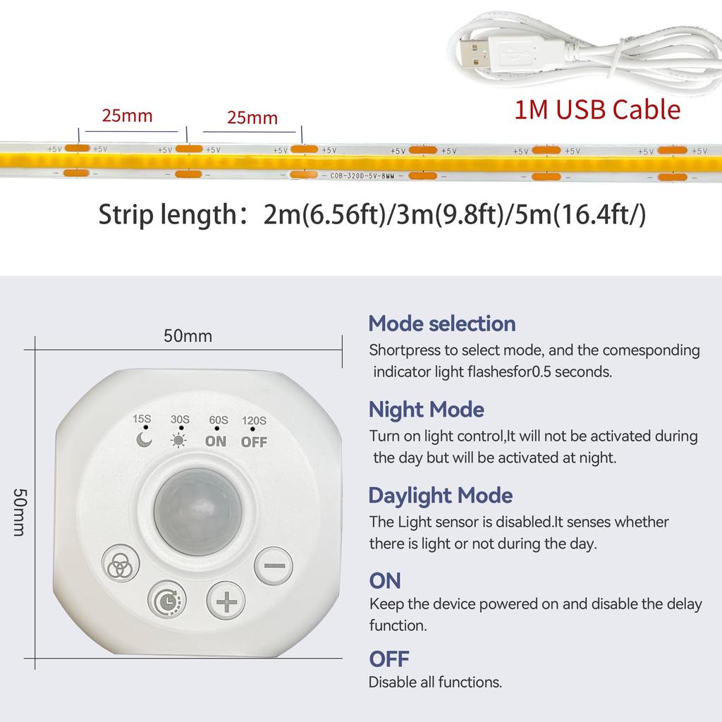 Clearhill Motion Sensor COB LED 5V USB Strip Light, 5M, Warm White 3000K, Daytime and Night Modes, 4 Timer Off Modes, 320 LEDsM, 8mm Wide, for DIY