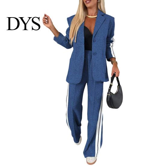 Women Coat Pants Suit 2 Pcs/Set Lady Formal Set Turn-down Collar Single-breasted Long Sleeves Button Decor Trousers Jacket Loose Striped Wide