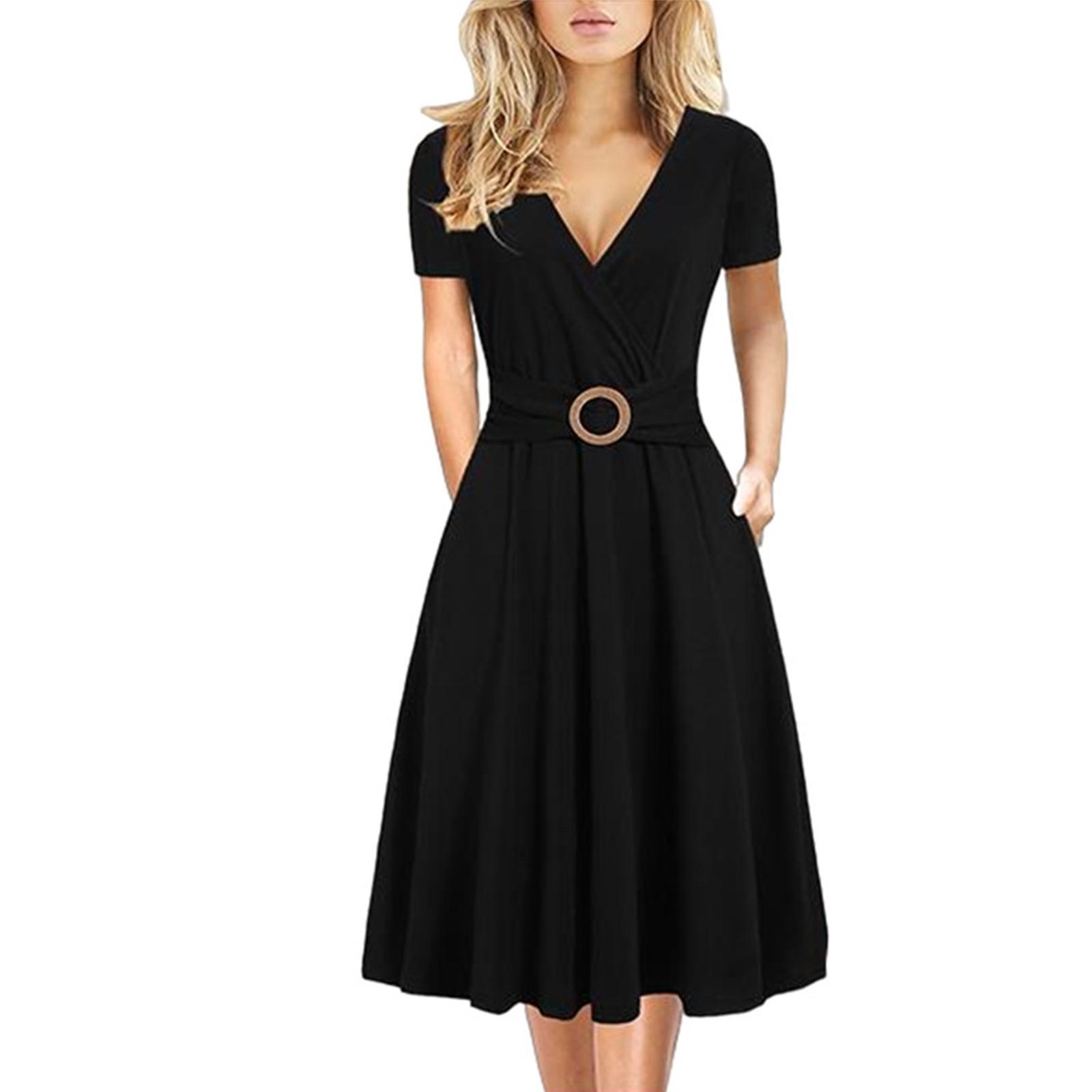 

Женское однотонное удобное свободное платье с v-образным вырезом и короткими рукавами XL чёрный