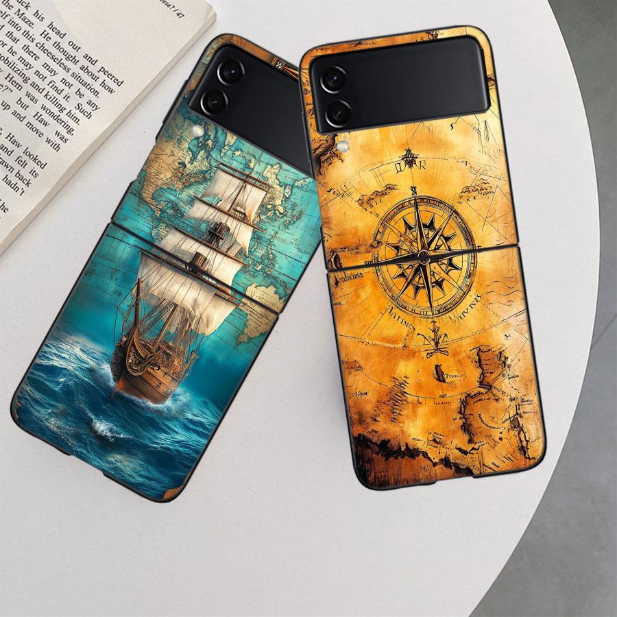 Compass Map Voyage Phone Case For Samsung Z Flip 7 6 5G Galaxy Z Flip 5 4 3 Black Hard Cell Cover Luxury PC Shell Coque