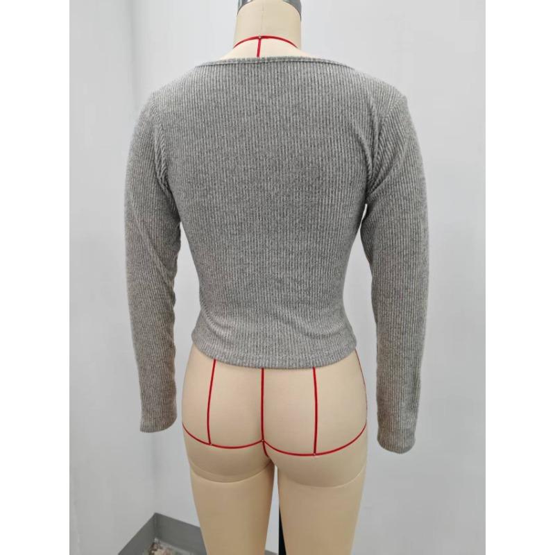 Womens Solid Ribbed Square Neck Long Sleeve Cropped Top