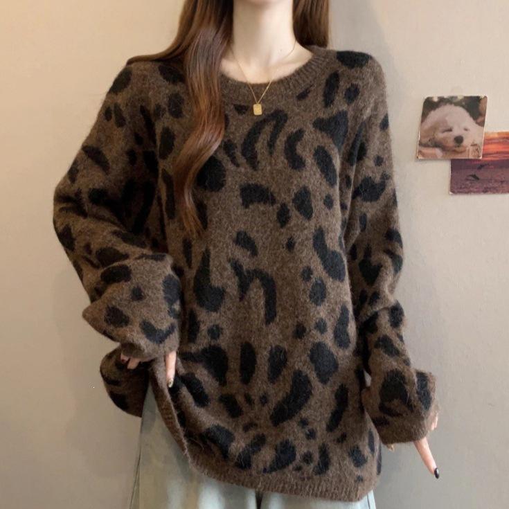 American Leopard Print Loose Long Sleeve Knit Pullover Plus Size Sweater for Women