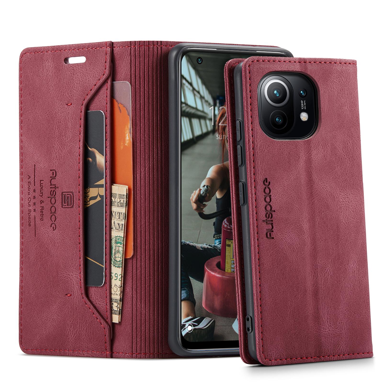 

For Xiaomi Mi 11 Wallet Case AUTSPACE A01 Leather Stand Cover with RFID Blocking Card Holder Red