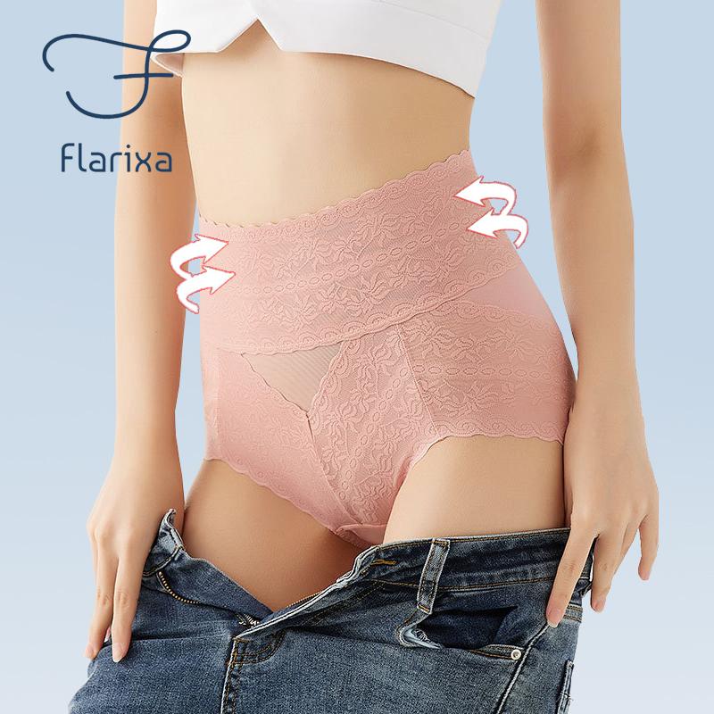 Flarixa Women Sexy Lace Panties High Waist Tummy Control Briefs Floral Perspective Uderwear Female Hollow Transparent Underpant