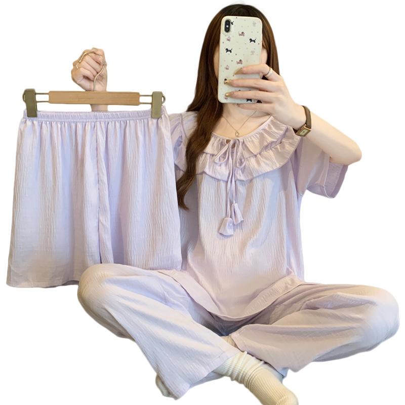 Princess Purple White Pajamas Women'S Summer Thin Short-Sleeved High-Value Loungewear Cloud Cotton Three-Piece Set