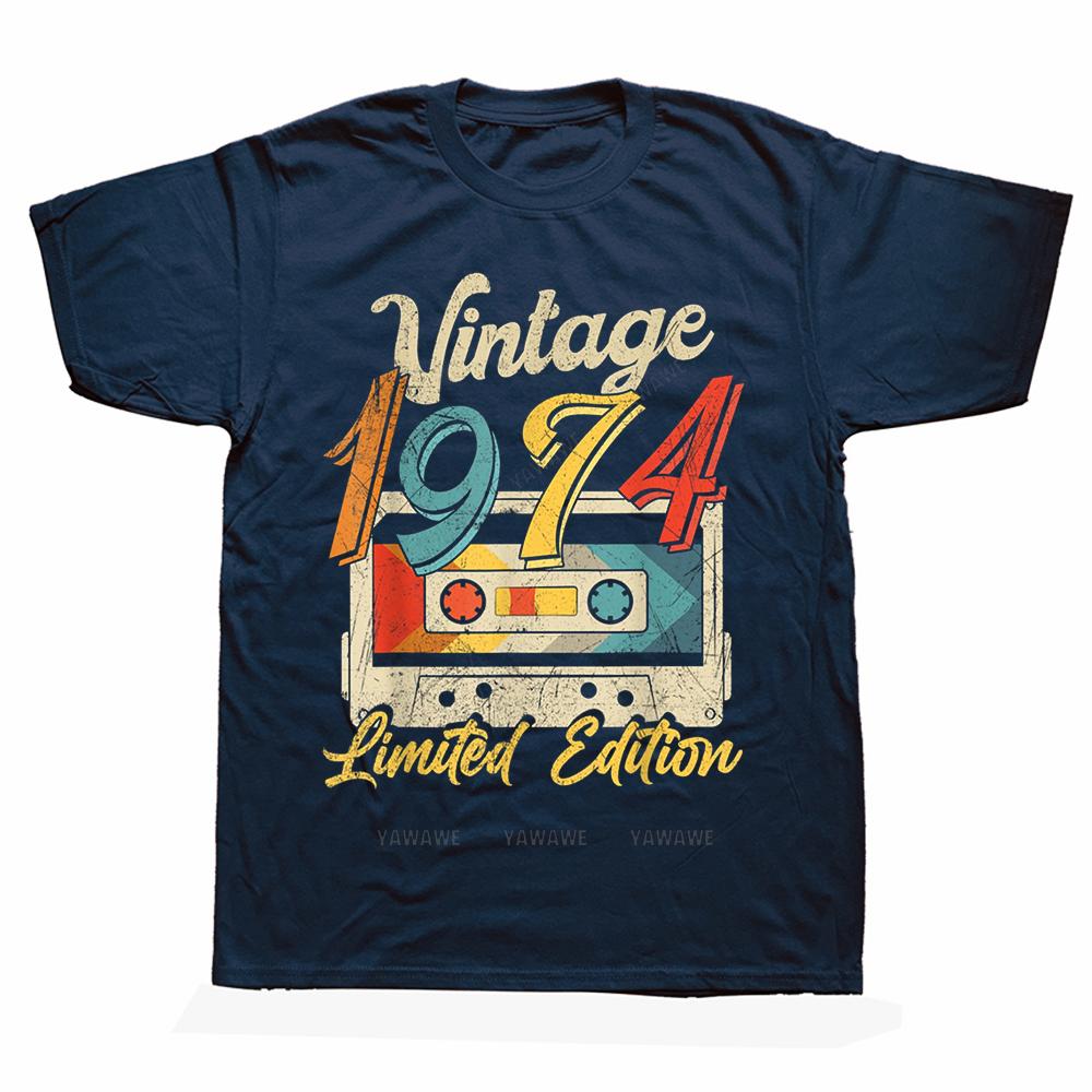 Vintage Born In 1974 Cassette Tape Retro Birthday Party Bday Tee Tops Round Neck ShortSleeve Fashion Tshirt Basic Tshirts