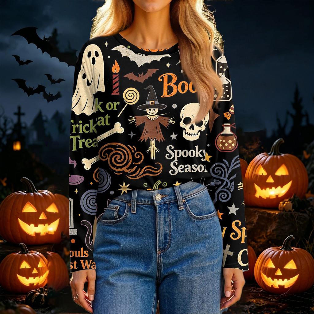 Women's Fashion Casual Long Sleeve Halloween Print Crewneck Top