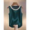 Canotta da Donna con Perle sul Collo Senza Maniche Elegante Blusa di Raso
