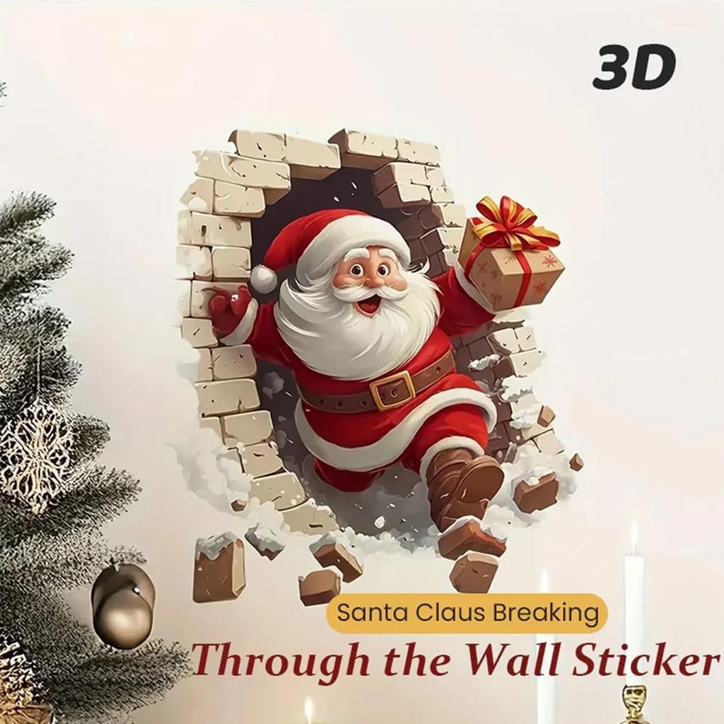 Santa  Breaking Through The Wall 3D Effect Wall Sticker, Christmas Sticker With Cartoon Design, New Creative Christmas Wall Sticker.