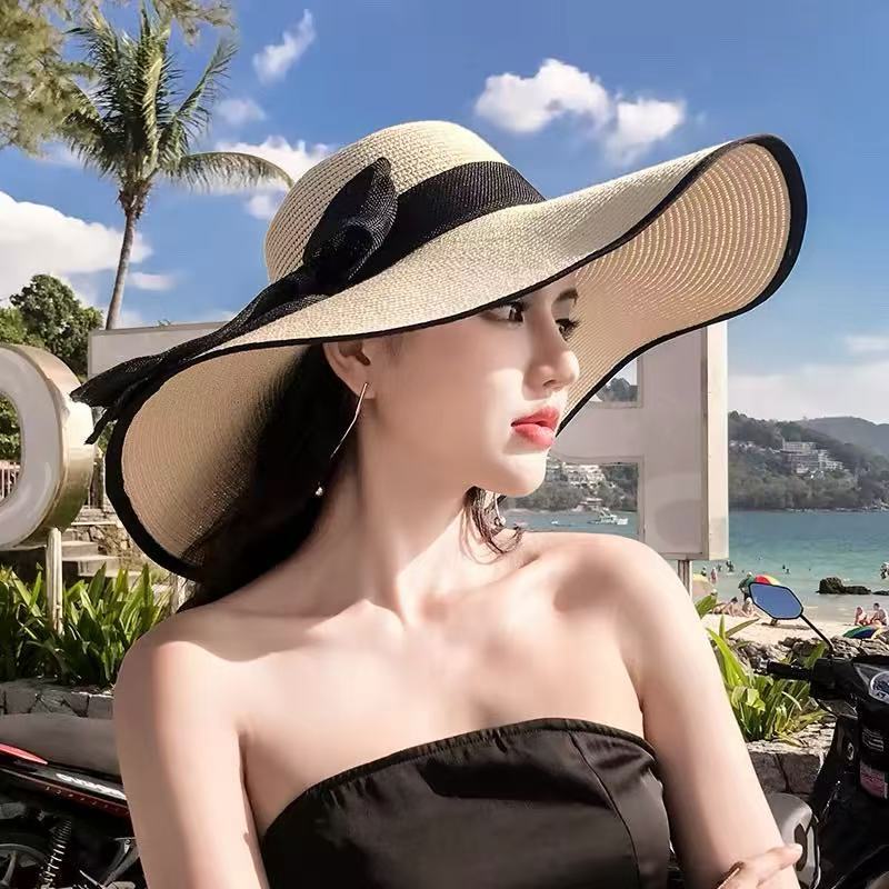 Lace Lace Beach Hat Straw Hat Women's Summer Curled Seaside Hollow Lafite Sun Hat Big Brim
