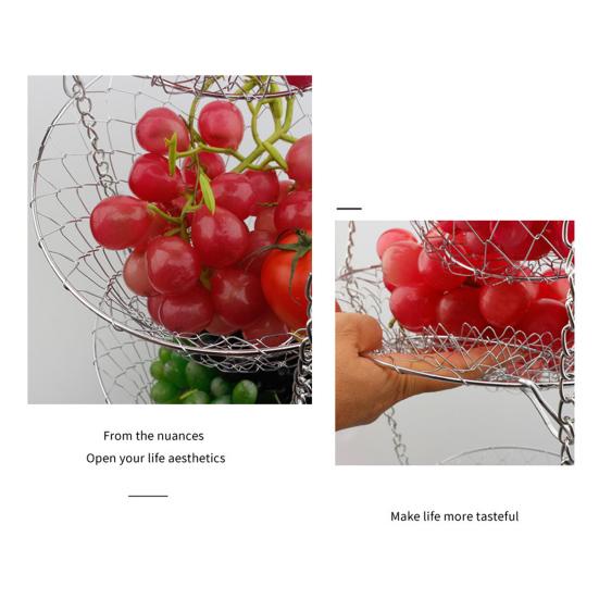 3-Tier Hanging Fruit Basket Stainless Steel Storage Basket Foldable Wire Organizer for Fruits Vegetables Toiletries