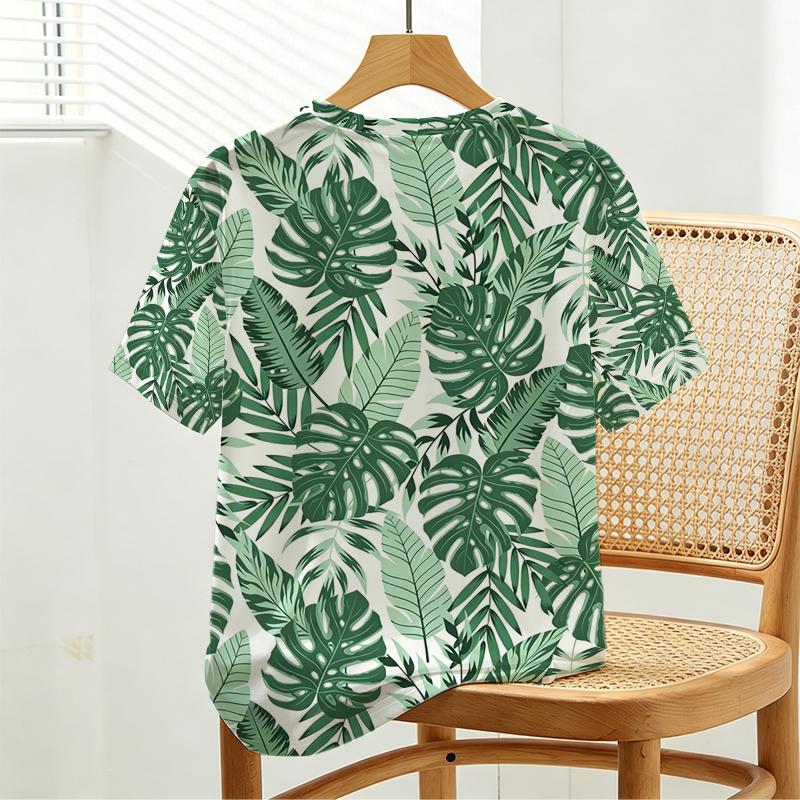 Women's Tropical Plant Print Short Sleeve Top Minimalist, Soft & Comfy, Elegant for Daily Casual, City Walks, Versatile & Trendy