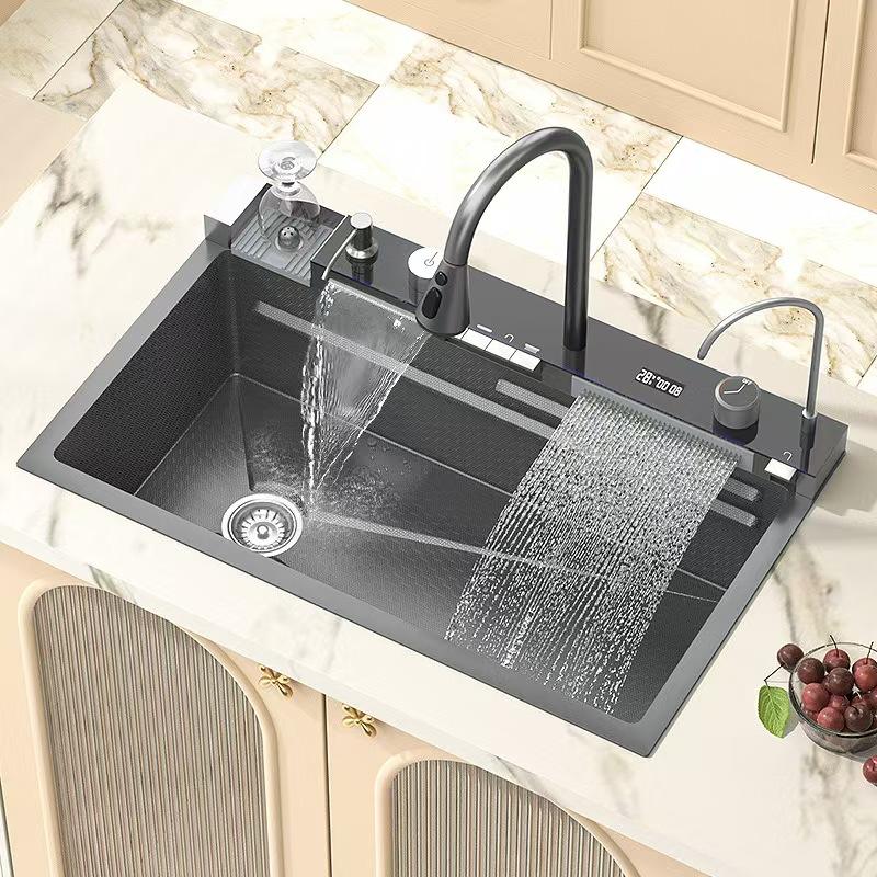 Nano Multifunctional Kitchen Sink Large Single Slot Integrated Digital Display Waterfall Faucet Soap Dispenser Cup Washer Pure