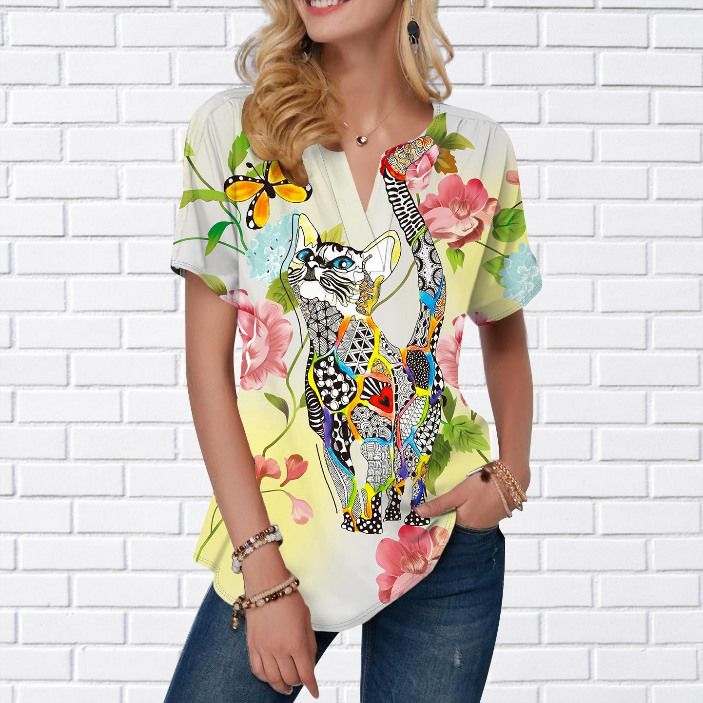 

Женская летняя футболка с цветным принтом котов, футболки с короткими рукавами, повседневные топы с принтом, маленький v-образный вырез с короткими рукавами 8XL разноцветный
