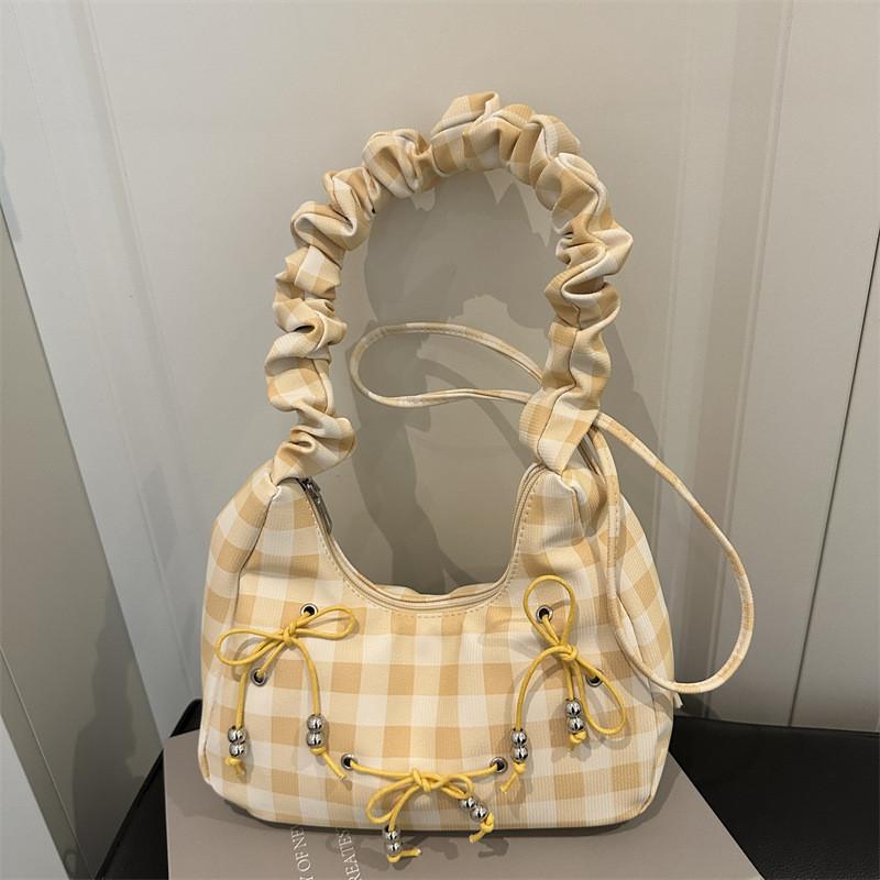 Canvas Bowknot Plaid Cloud Shape Shoulder Bag For Casual Daily Use