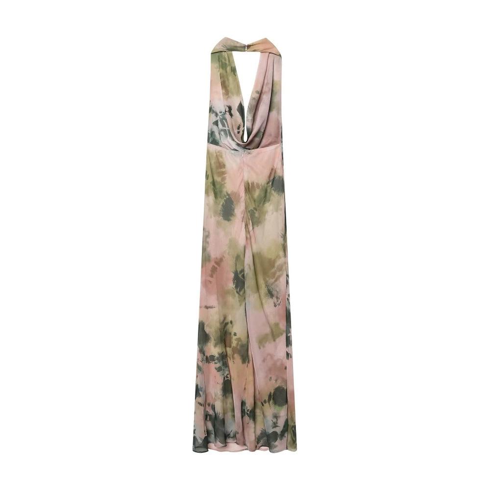 Summer New Women's Clothing European and American Fashion Temperament Retro Tie-dye Printing Deep V-neck Neck Dress Long Dress