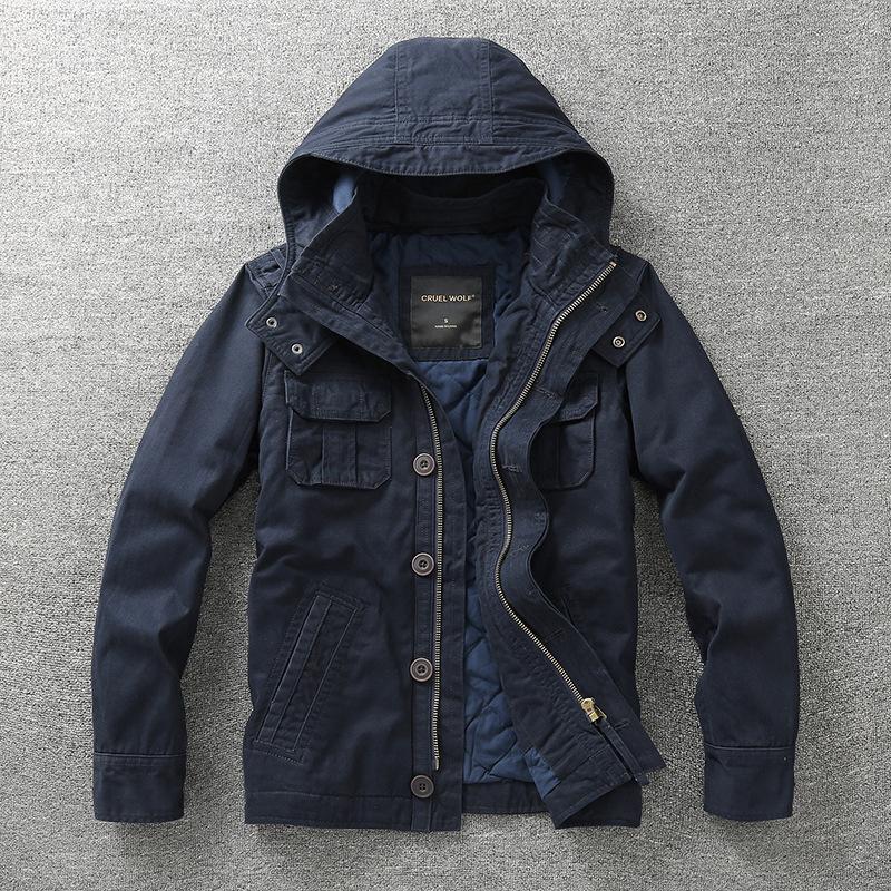 Autumn Men's Cargo Jackets Multi-Pockets Heavyweight Cotton Outdoor Stand Collar Casual Workwear Jackets Man