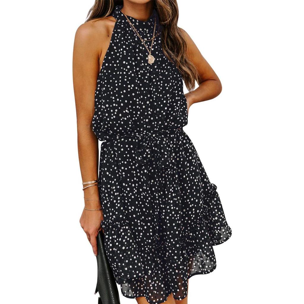 Women's Fashion Sleeveless Neck Tie Waist Floral Print Chiffon Dress