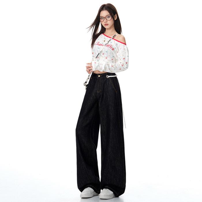 2025 Autumn American Retro Loose Straight-Leg Wide-Leg Drapey Slimming Jeans for Women