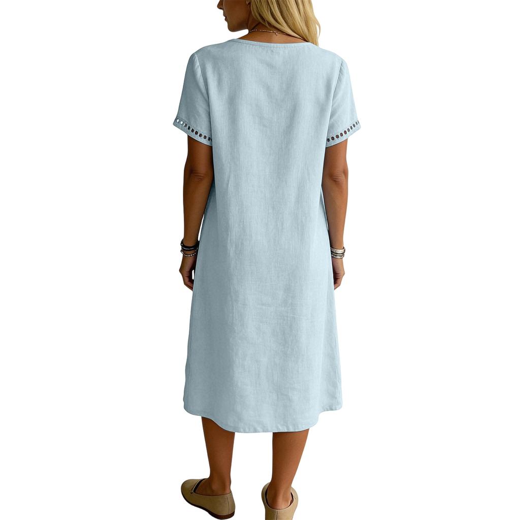 Fashionable Women's Round Neck Short Sleeved Lace Patchwork Cotton And Linen Dress