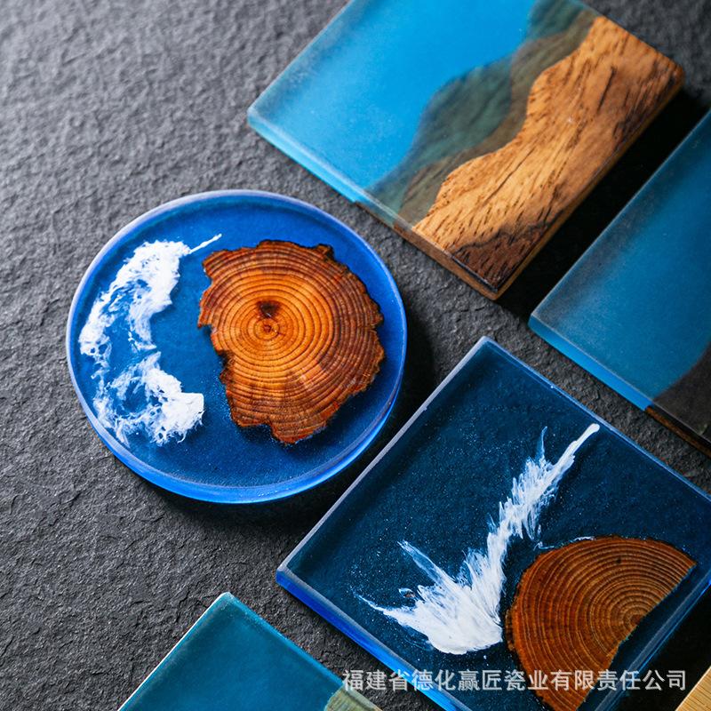 6PCS North Pine Epoxy Resin River Coaster Blue Insulation Mat Pot Bearing Solid Wood Zen Wave Coaster Mat
