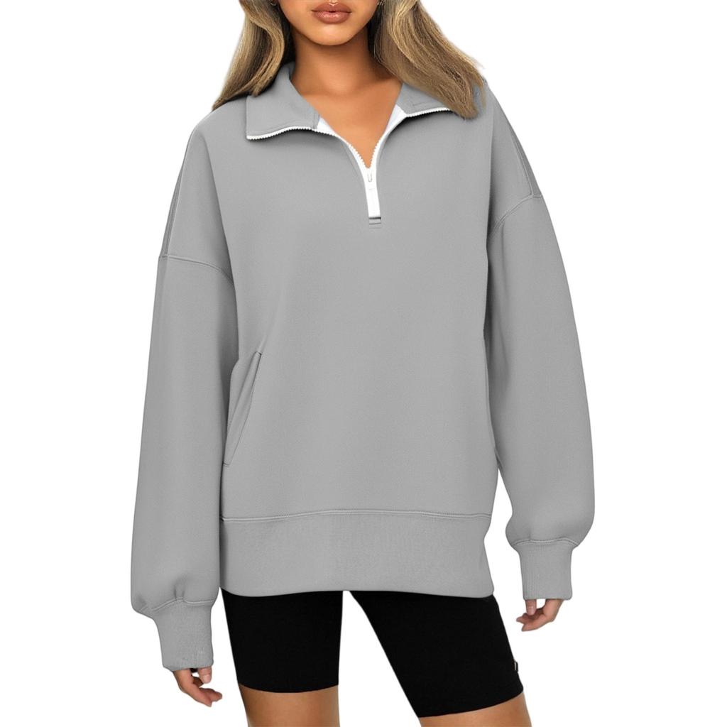 Fashionable Ladies Zipper Lapel Solid Color Pocket Casual Sweatshirt