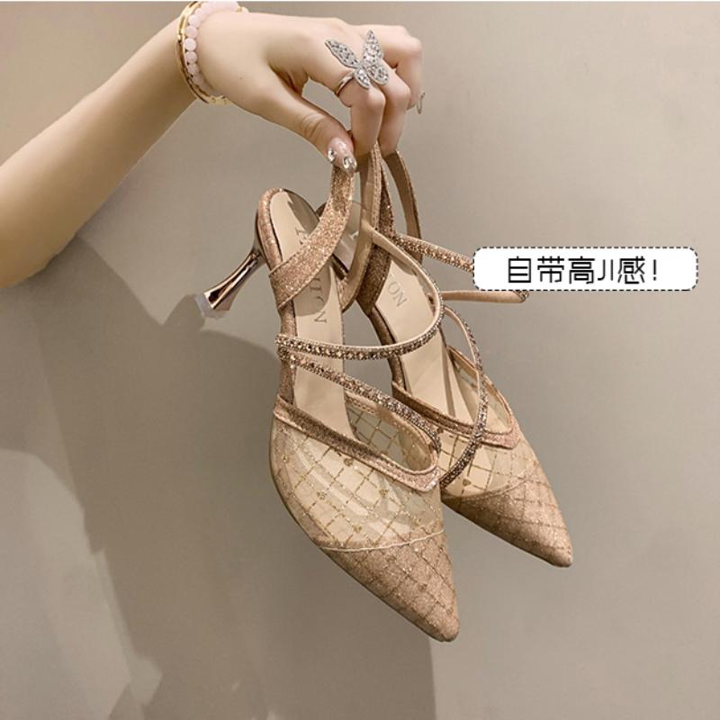 Bling Crystal High Heels Sandals for Women Summer Pointed Toe Rhinestones Thin Heel Pumps Woman Sexy Transparet Mesh Party Shoes