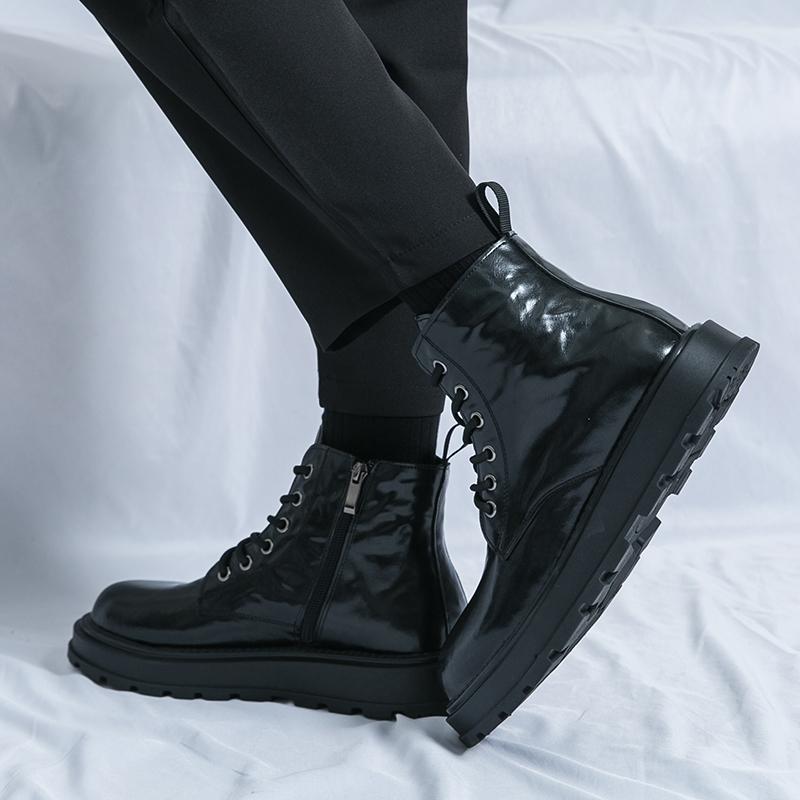 Fashion Business Men Leather Boots Fashion Personality Knight Men Boots Thick Heel Lace Up Classic Chelsea Boots High-top Leather Shoes