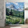 Scenic Mountain Forest Cabin Shower Curtain Nature Inspired Bathroom Decor Featuring Alpine Peaks Flower Fields And Pathway