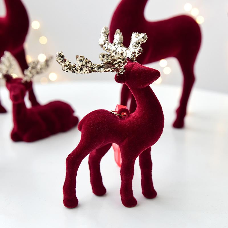 Christmas Reindeer Desktop Ornament Christmas Tree Decor Hanging Accessory Glittering Burgundy Flocked Deer Pendant Decoration