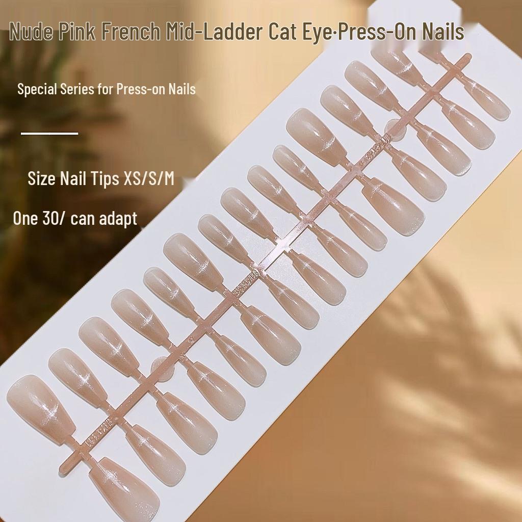 

Nude Pink French Cat Eye Medium Taper Nail Patches - Whitening, Wearable Temperament False Nails