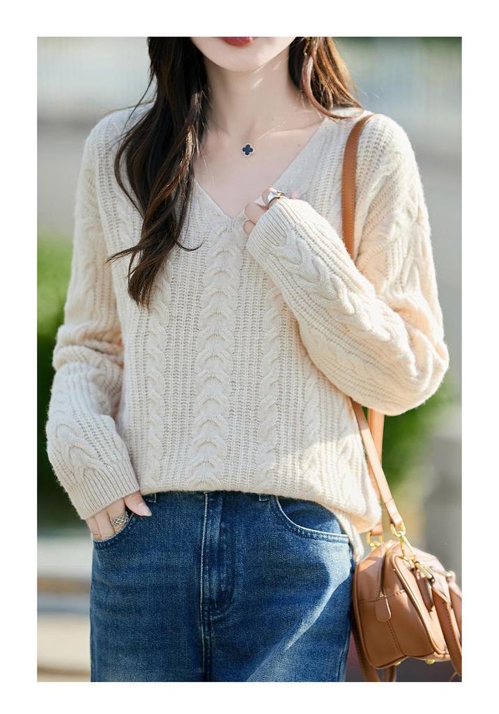 Women's Loose V-Neck Cable Knit Wool Sweater - 100% Pure Cozy Knitwear for Autumn/Winter