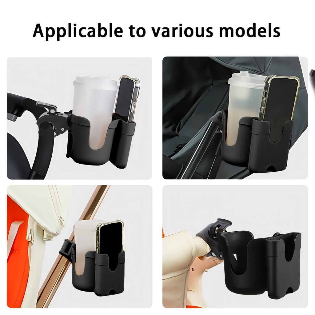 Un Portabicchieri Versatile per Passeggino con Supporto per Telefono, Progettato per Tenere Bottiglie e Bicchieri d'Acqua sia per Passeggini che per Biciclette.