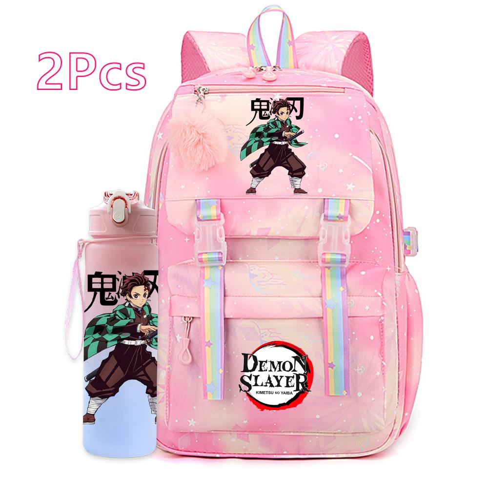 2Pcs/set Cartoon Demon Slayer Printed Backpack with 750Ml Water Bottler for Teenager Bookbag Large Capacity Waterproof Travel Bag