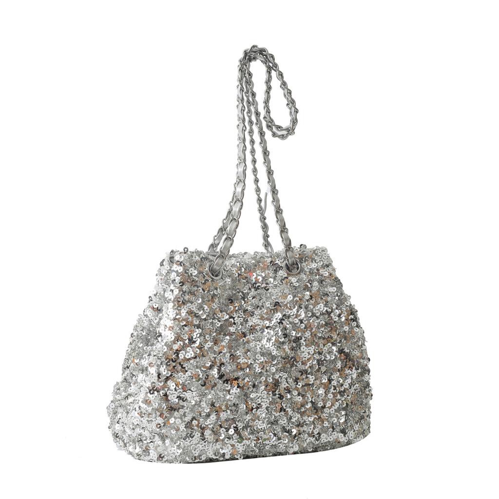Fashion sequined chain portable bucket bag women's 2026 spring new texture casual shoulder armpit bag