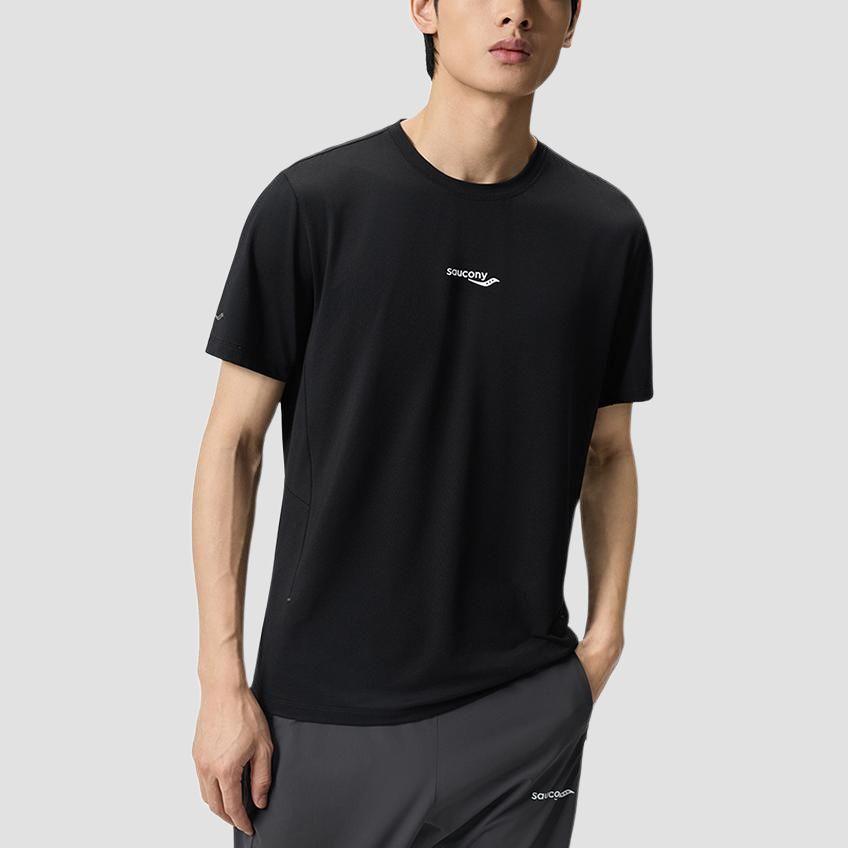 Saucony Knitted Sports Cool Feeling Elastic Breathable Moisture Wicking Quick Dry Round Neck Pullover Short Sleeve Running T-Shirt SE2269ST41T-BK001