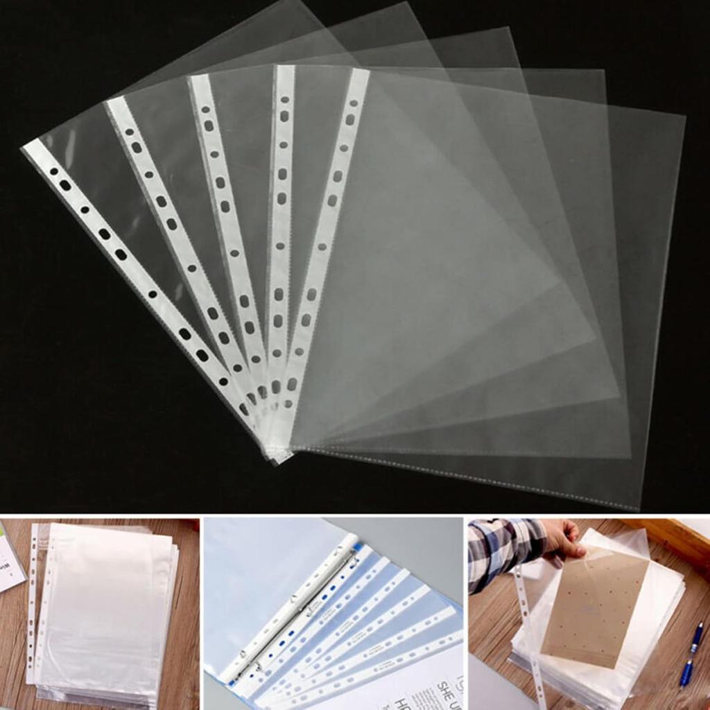 100pcs A4 PP Punched Punch Pockets Folders Filing Wallets Sleeves Bag Transparent 0.04mm