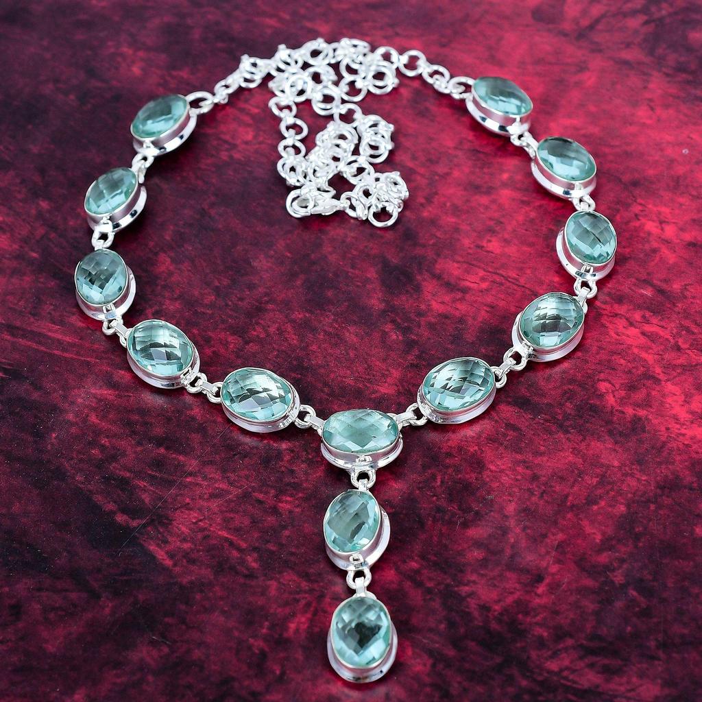 Faceted Aqua Apatite Handmade Gemstone Necklace, 925 Solid Sterling Silver Necklace Antique Jewelry, Gift For Love