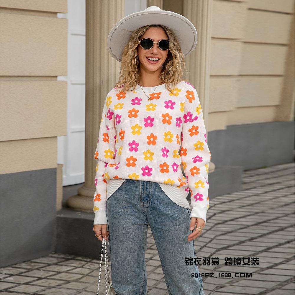 

Осенний новый пуловер с круглым вырезом для женщин, универсальный свитер с цветочным принтом, теплый вязаный топ с длинным рукавом для женщин S белый
