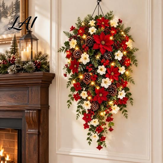 Upside Down Layered Garland Pre-Lit Christmas Teardrop Swag Decoration Lighted Door Wreath with Artificial Pine Lights Poinsettia Cones for