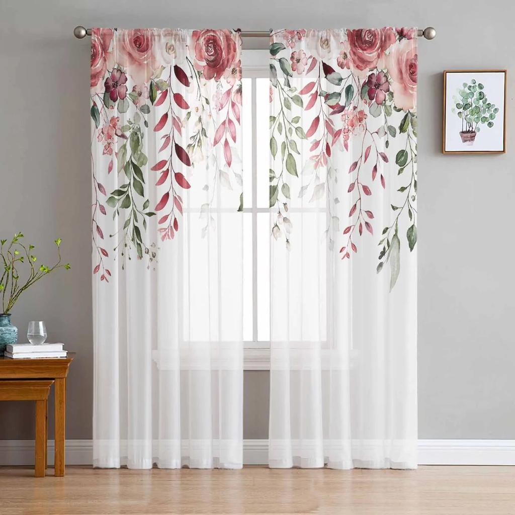 Rose Flower Leaves Sheer Curtains For Living Room Kitchen Window Curtains Bedroom Tulle Voile Curtains