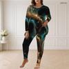 Women Plus Size Pants Set Round Neck Long Sleeve Black Teal Gold Printed Longline Top Fitted Pants