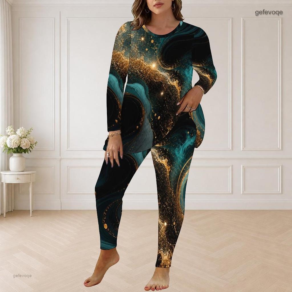 Women Plus Size Pants Set Round Neck Long Sleeve Black Teal Gold Printed Longline Top Fitted Pants