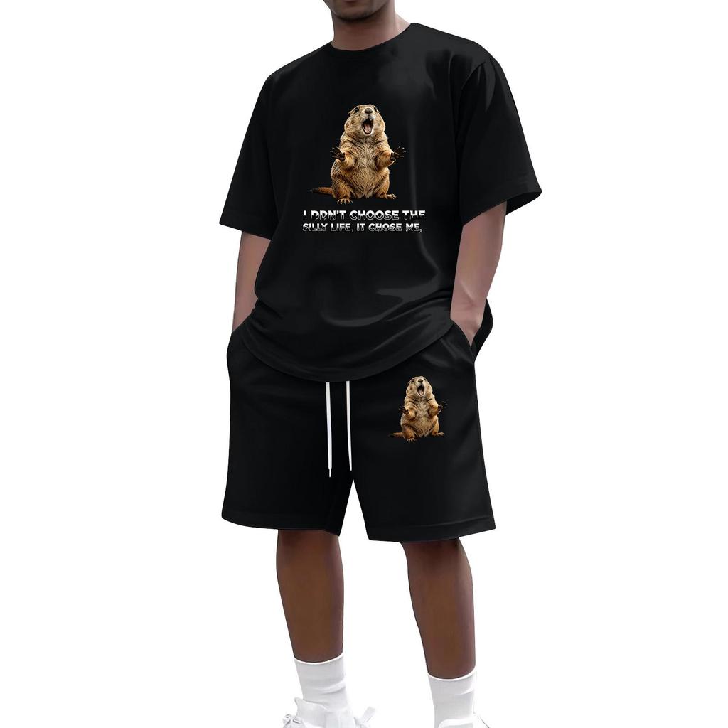 Men's Casual Two Piece Set Short Sleeve Crew Neck T Shirt and Shorts with Animal Print Loose Fit Summer Outfit Comfortable Daily Wear