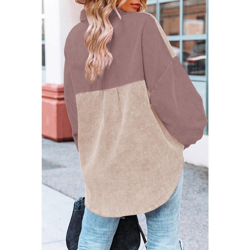 Women's Loose Casual Color Blocked Lapel Button Long Sleeved Shirt Top Long Sleeved Shirt