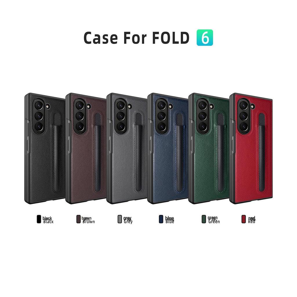 Samsung Z Fold6/Fold5 Lychee Pattern Leather Phone Case with Pen Holder