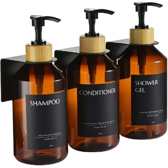 Shampoo and Conditioner Dispenser Set of 3 for Wall Mount,16.9 fl oz Drill Free Shower Soap Bottles with Labels,Refillable Body Wash Dispensers for